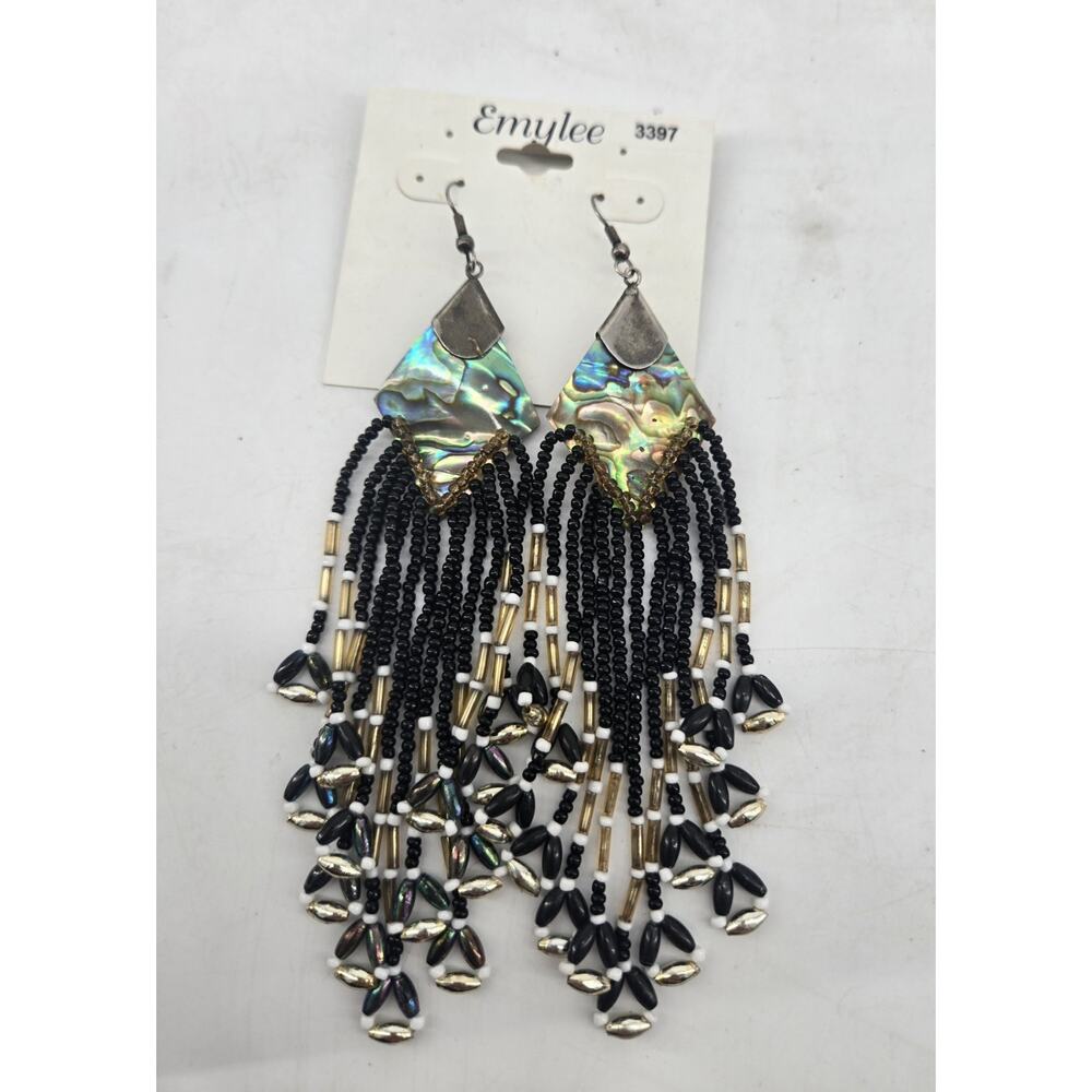 Vintage Mother of Pearl Seed Bead Fringe Long Earrings 5.5" Emylee Boho Festival